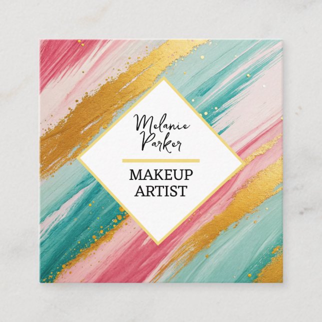 Rosa Teal Guld Glitter Paint Makeup Fyrkantigt Visitkort (Framsida)