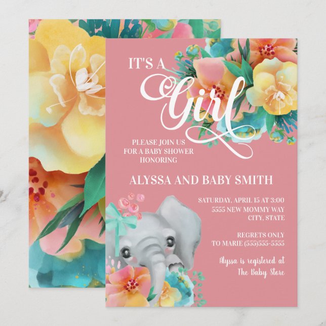 Rosa Teal Gult Blommigt Elephant Flicka Shower Inbjudningar (Fram/baksida)