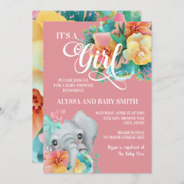 Rosa Teal Gult Blommigt Elephant Flicka Shower Inbjudningar