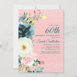 Rosa Teal Kräm Blommig 60-årsdag Inbjudningar