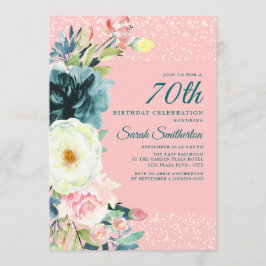 Rosa Teal Kräm Blommig 70-årsdag Inbjudningar