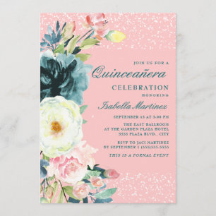 Rosa Teal Kräm Blommig Quinceanera Födelsedag Inbjudningar