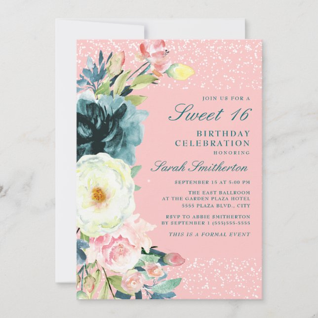 Rosa Teal Kräm Blommig Sweet 16 Födelsedag Inbjudningar (Framsida)