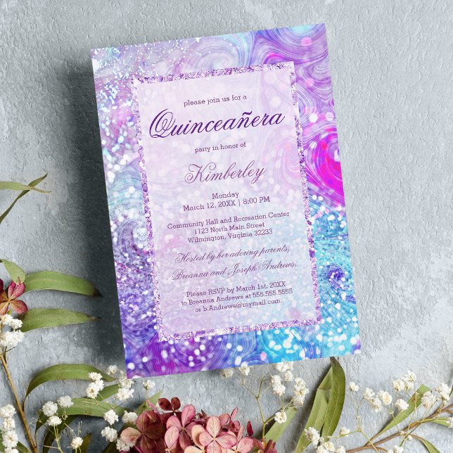 Rosa teal lavender marble glitter Quinceañera Inbjudningar (Pink teal lavender marble glitter Quinceañera Invitation)