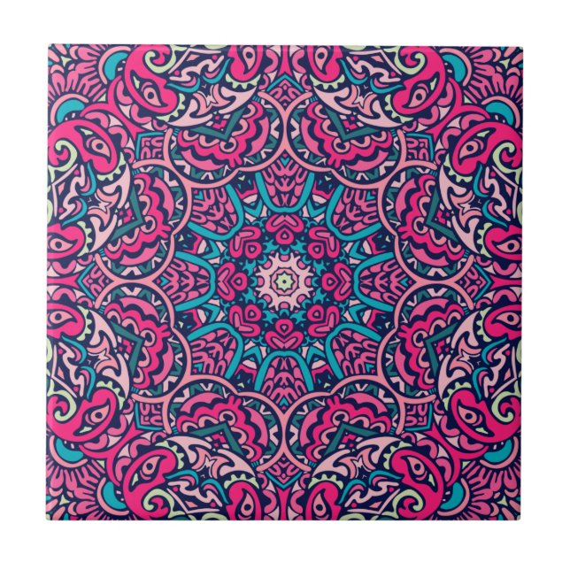 Rosa, Teal & Navy Vibrant Boho Mandala Kakelplatta (Framsidan)