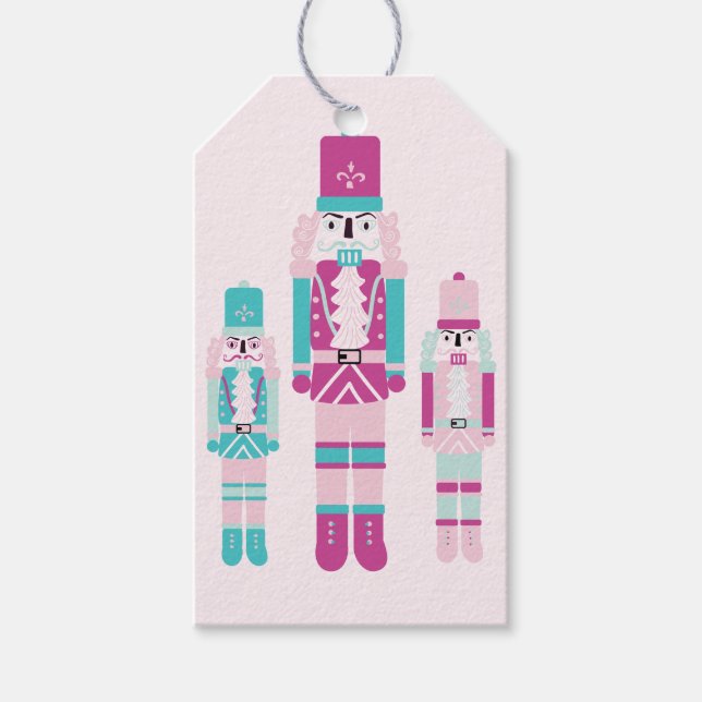 Rosa & Teal Nutcracker Trio Gift-Märkre Presentetikett (Framsidan)