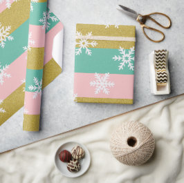 Rosa Teal och Guld Ränder Med Snöflingor Presentpapper