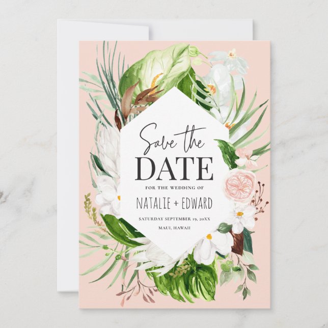 Rosa, teal och orkidé tropiskt blommotiv spara datumet (Framsida)