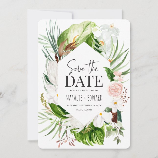 Rosa, teal och orkidé tropiskt blommotiv spara datumet (Framsida)