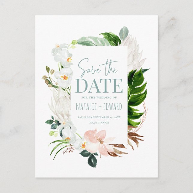 Rosa, teal + orkidé tropiskt blomfoto meddelande vykort (Framsida)