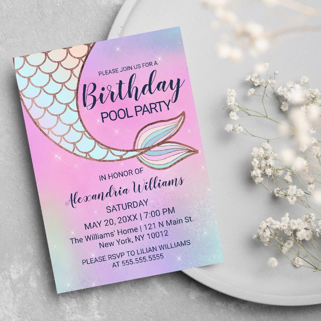 Rosa Teal Sjöjungfru Svan Bassäng födelsedag i öst Inbjudan Vykort (Iridescent Pink Teal Mermaid Tail Pool Birthday Invitation Postcard )