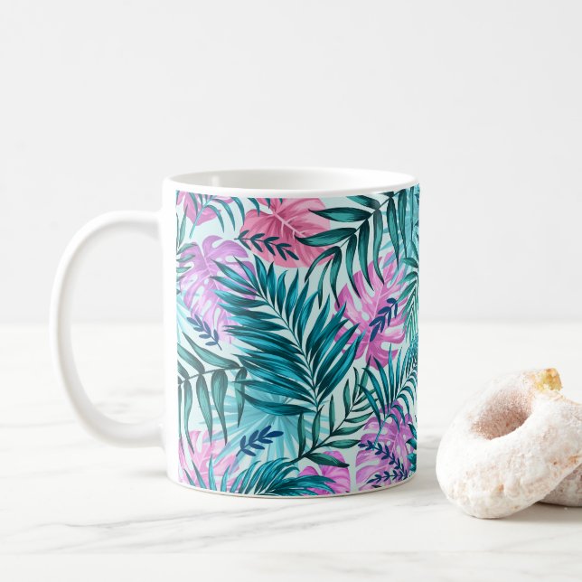 Rosa & Teal Tropical Handflatan & Monstera Löv Kaffemugg (Med munk)
