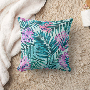 Rosa & Teal Tropical Handflatan & Monstera Löv Kudde