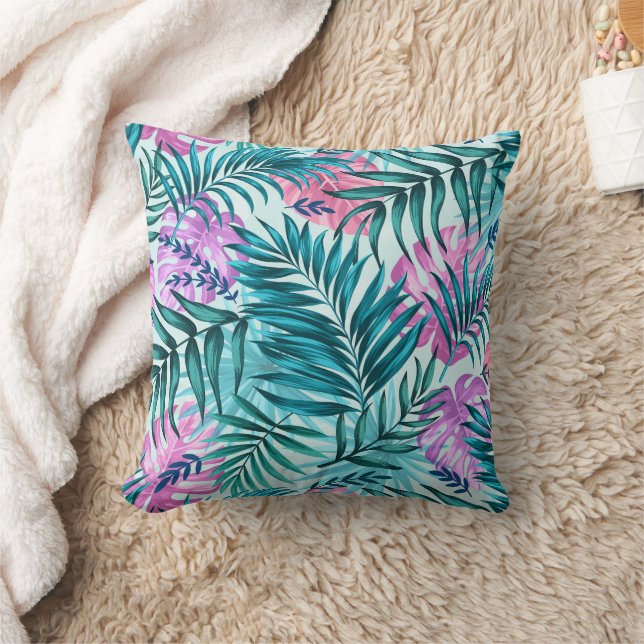 Rosa & Teal Tropical Handflatan & Monstera Löv Kudde (Filt)