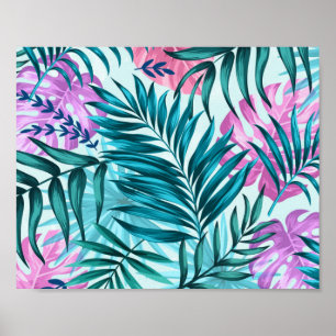 Rosa & Teal Tropical Handflatan & Monstera Löv Poster