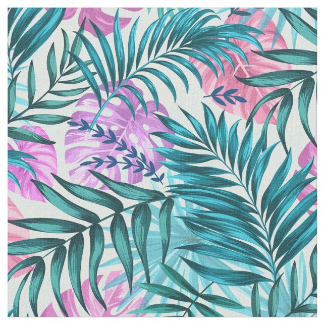 Rosa & Teal Tropical Handflatan & Monstera Löv Tyg (Närbild)
