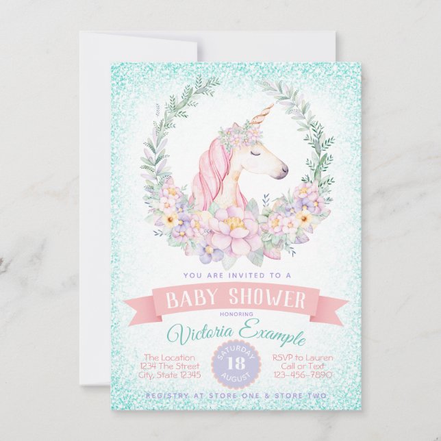 Rosa Teal Unicorn Baby Shower-inbjudningar Inbjudningar (Framsida)