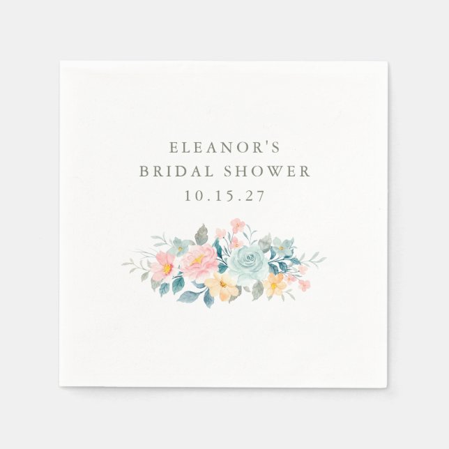 Rosa Teal Vattenfärg Blommig Bröllopsfest Skräddar Pappersservett (Framsidan)