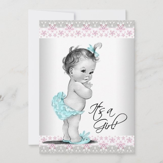 Rosa Teal Vintage Babyflicka Bröllopsinbjudningar Inbjudningar (Framsida)