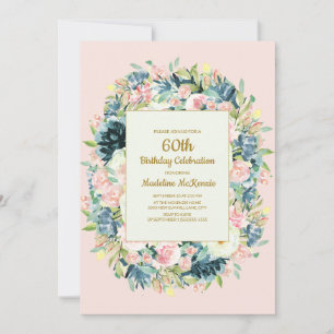 Rosa Teal Vintage Blommig Kvinnas 60-årsdag Inbjudningar