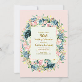 Rosa Teal Vintage Blommigt Kvinnor 60:e födelsedag Inbjudningar