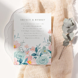 Rosa Teal Watercolor Blommigt  Möhippa Brunch Inbjudningar
