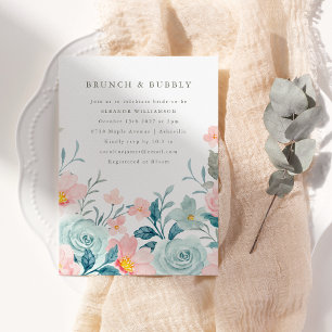 Rosa Teal Watercolor Blommigt Möhippa Brunch Inbjudningar