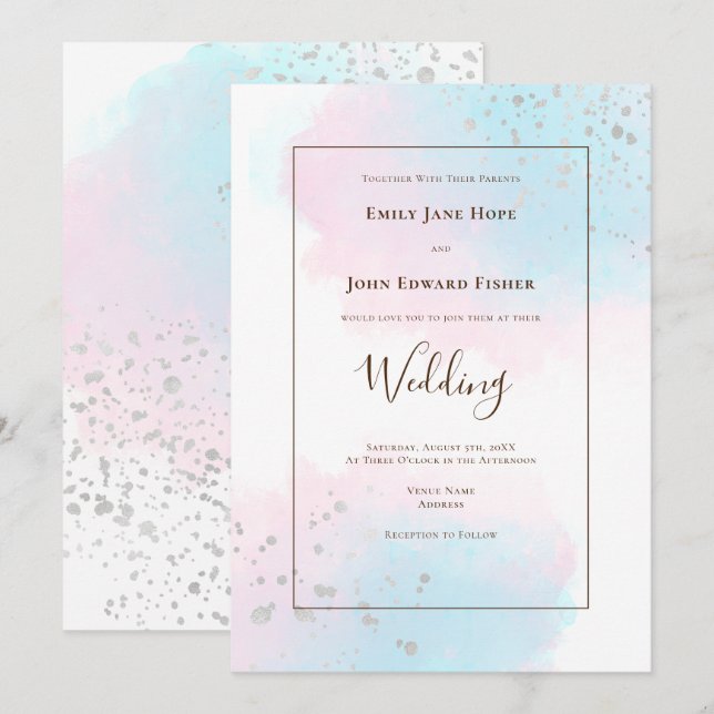 Rosa Teal Watercolor Silver Confetti Bröllop Inbjudningar (Fram/baksida)