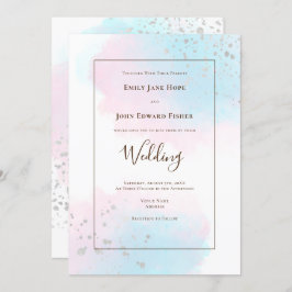 Rosa Teal Watercolor Silver Confetti Bröllop Inbjudningar