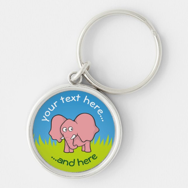 Rosa tecknad av elefant rund silverfärgad nyckelring (Framsidan)