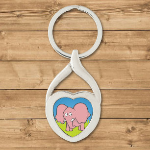Rosa tecknad av elefant twisted heart silverfärgad nyckelring