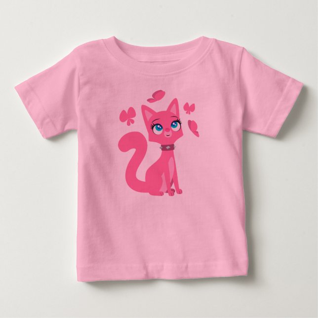 Rosa Tecknad Katt och Butterflies Baby T-Shirt (Framsida)