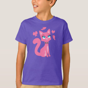 Rosa Tecknad Katt och Butterflies Children T-Shirt
