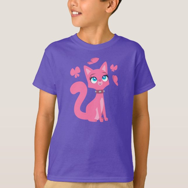 Rosa Tecknad Katt och Butterflies Children T-Shirt (Framsida)