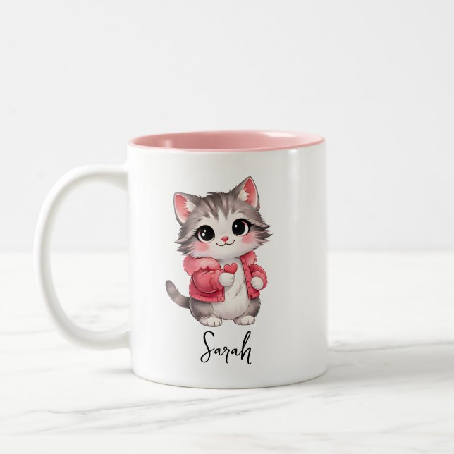 Rosa Tecknad Kitty Katt Personlig Kaffe Mugg (Vänster)