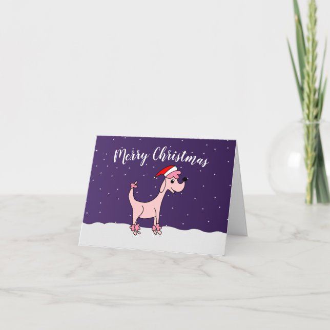 Rosa tecknad pudel Posh Tass i snö jul Helgkort (Framsida)