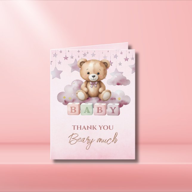 Rosa Teddy Måne Clouds Flicka Tack Kort (Skapare uppladdad)