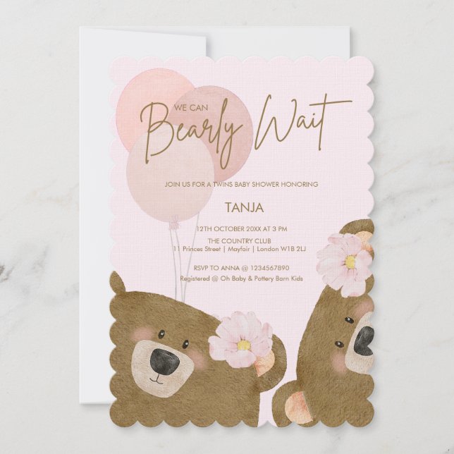 Rosa Teddy Vi kan bolla Twillingar Baby Shower Inbjudningar (Framsida)