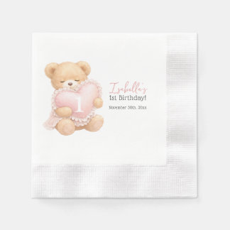 Rosa teddybjörn1-årsfirande för flickor pappersservett