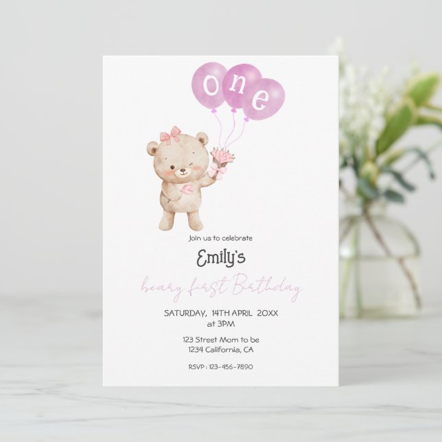Rosa teddybjörn 1-års födelsedagsfest för flicka inbjudningar (Stående Fram)