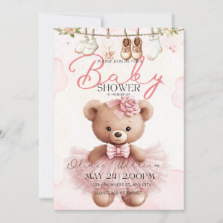 Rosa Teddybjörn Baby Shower Inbjudan