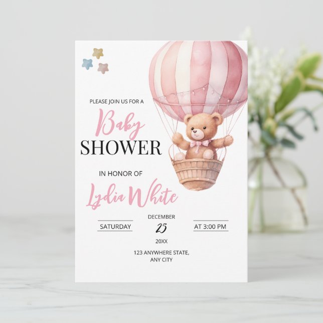 Rosa teddybjörn baby shower inbjudan mall (Stående Fram)