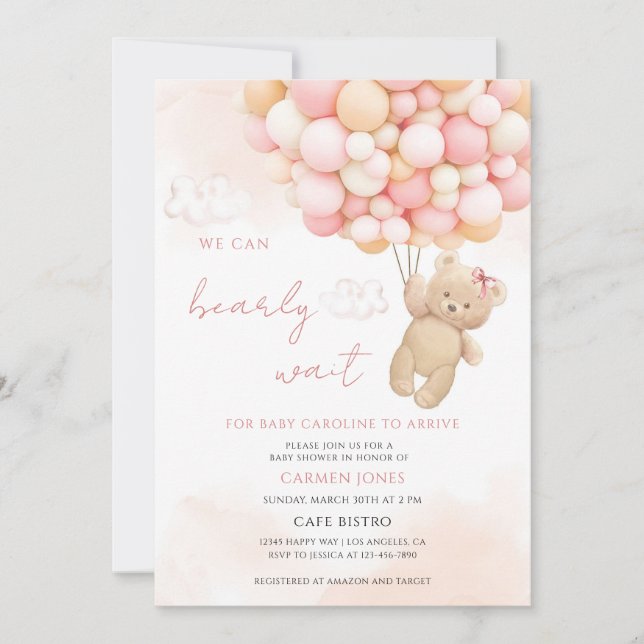 Rosa teddybjörn baby shower inbjudningar (Framsida)