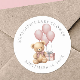 Rosa Teddybjörn Baby Shower Klassisk Rund Klisterm Runt Klistermärke