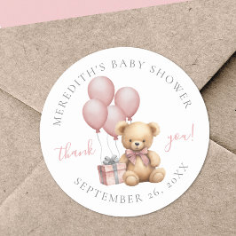 Rosa Teddybjörn Baby Shower Klassisk Rund Klisterm Runt Klistermärke