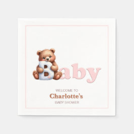 Rosa teddybjörn baby shower pappersservett