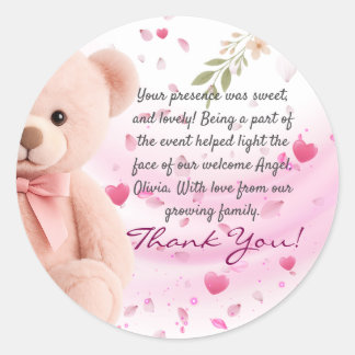 Rosa Teddybjörn Baby Shower Tack Sticker Runt Klistermärke