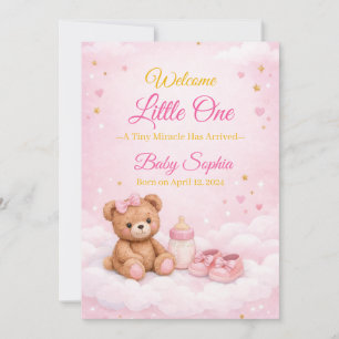 Rosa Teddybjörn Babyflicka Födelsekort Inbjudningar