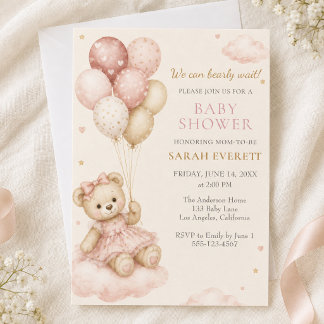 Rosa teddybjörn ballong flicka baby shower inbjudningar