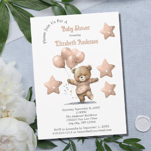 Rosa teddybjörn ballonger stjärnor flicka baby sho inbjudningar